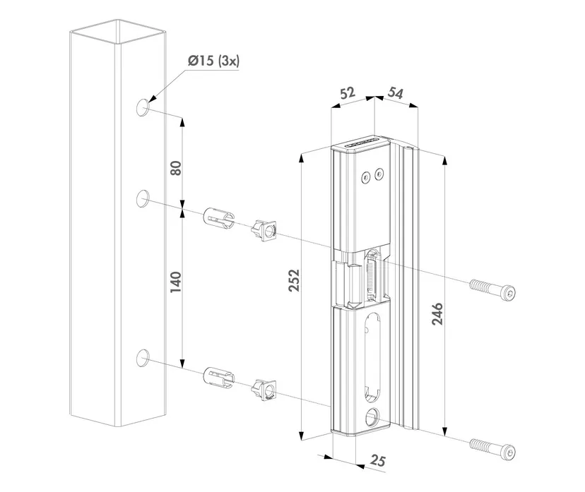 Afmetingen Locinox MODULEC-SA-R-9005 elektrische slotvanger voor opbouw