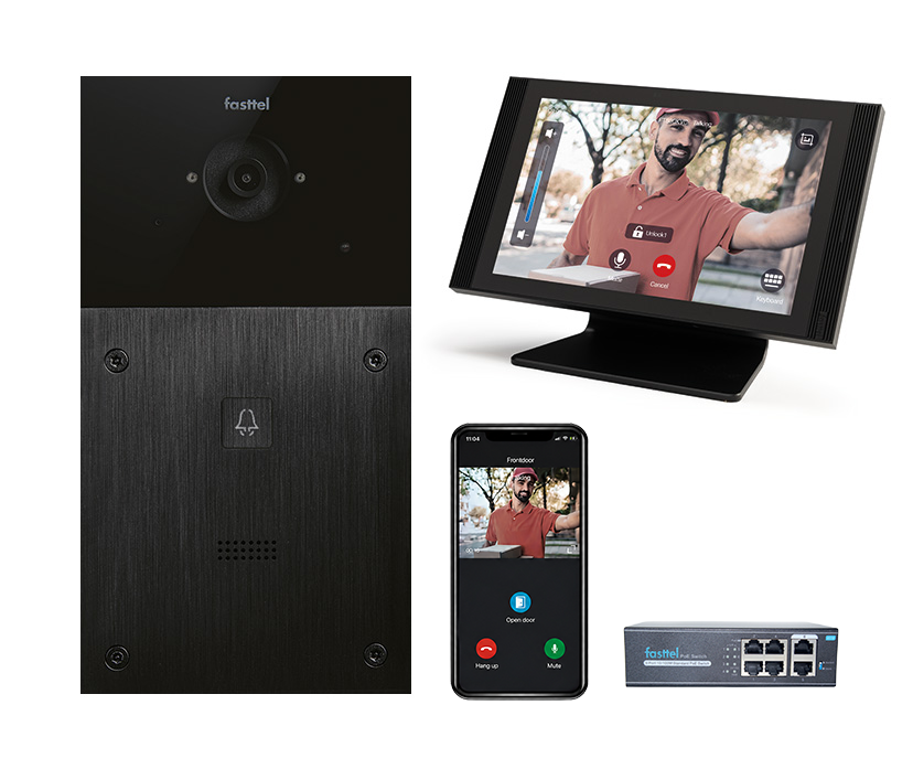 Video intercomset 2-draads IP Fasttel, 1 knop met luxe binnenpost Video intercomset 2-draads IP Fasttel, 1 knop met luxe binnenpost